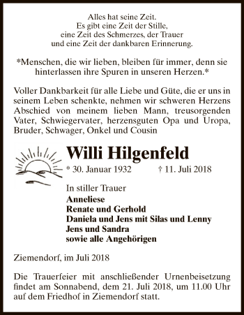 Traueranzeige von Willi Hilgenfeld von Uelzen