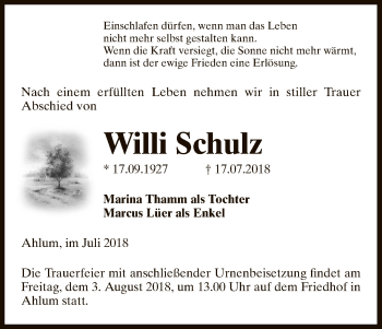 Traueranzeige von Willi Schulz von Uelzen