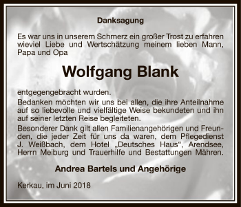 Traueranzeige von Wolfgang Blank von Uelzen