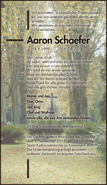 Traueranzeige von Aaron Schaefer von Uelzen