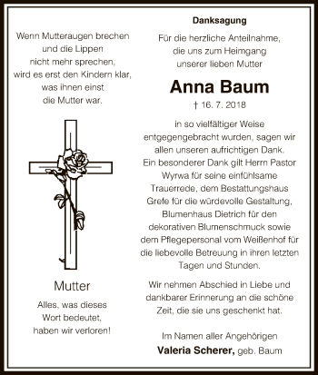 Traueranzeige von Anna Baum von Uelzen