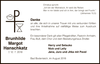 Traueranzeige von Brunhilde Margot Hanschkatz von Uelzen