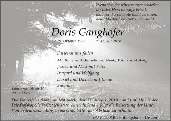 Traueranzeige von Doris Ganghofer von Uelzen