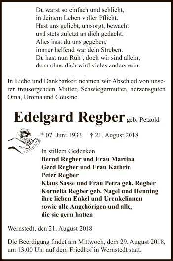 Traueranzeige von Edelgard Regber von Uelzen