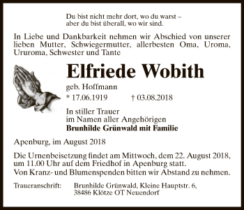 Traueranzeige von Elfriede Wobith von Uelzen