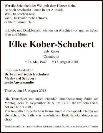 Traueranzeige von Elke Kober-Schubert von Uelzen