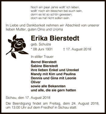 Traueranzeige von Erika Bierstedt von Uelzen