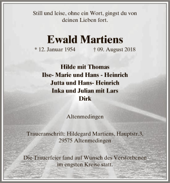 Traueranzeige von Ewald Martiens von Uelzen