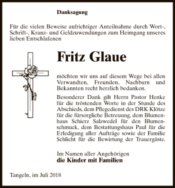 Traueranzeige von Fritz Glaue von Uelzen