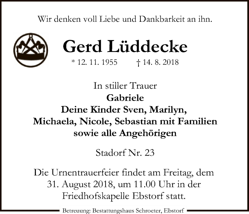  Traueranzeige für Gerd Lüddecke vom 18.08.2018 aus Uelzen