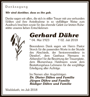 Traueranzeige von Gerhard Dähre von Uelzen