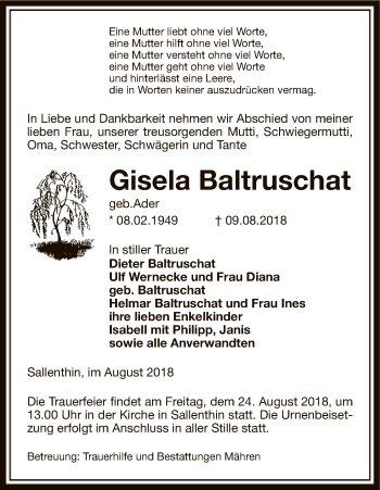 Traueranzeige von Gisela Batruschat von Uelzen