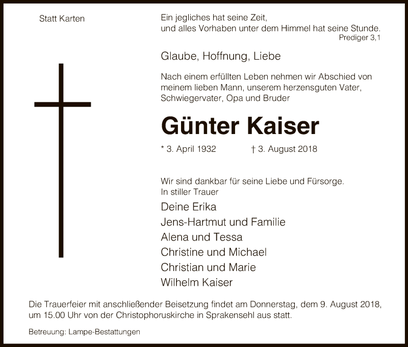  Traueranzeige für Günter Kaiser vom 07.08.2018 aus Uelzen