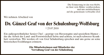 Traueranzeige von Günzel Graf von der Schulenburg-Wolfsburg von Uelzen