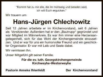 Traueranzeige von Hans-Jürgen Chlechowitz von Uelzen