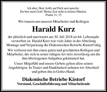 Traueranzeige von Harald Kurz von Uelzen