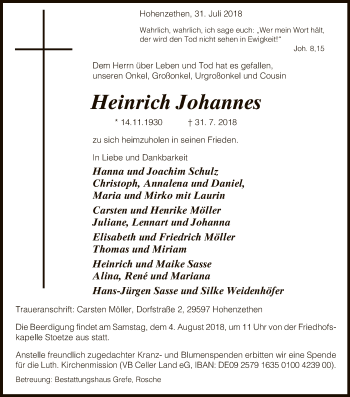 Traueranzeige von Heinrich Johannes von Uelzen