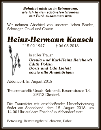 Traueranzeige von Heinz-Hermann Kausch von Uelzen