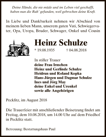 Traueranzeige von Heinz Schulze von Uelzen