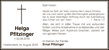 Traueranzeige von Helga Pfitzinger von Uelzen
