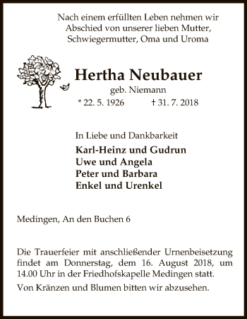 Traueranzeige von Hertha Neubauer von Uelzen