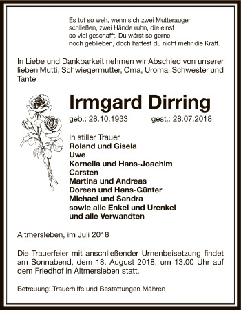 Traueranzeige von Irmgard Dirring von Uelzen