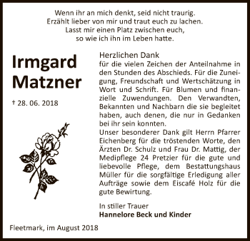 Traueranzeige von Irmgard Matzner von Uelzen