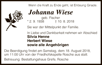 Traueranzeige von Johanna Wiese von Uelzen