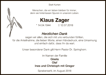 Traueranzeige von Klaus Zager von Uelzen