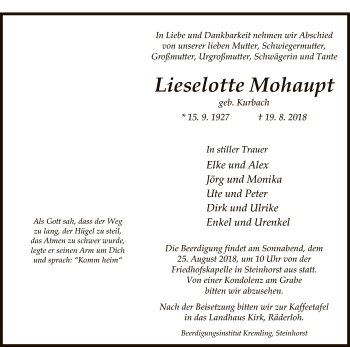 Traueranzeige von Lieselotte Mohaupt von Uelzen