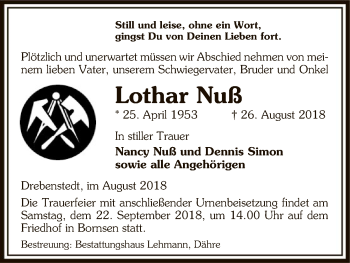 Traueranzeige von Lothar Nuß von Uelzen