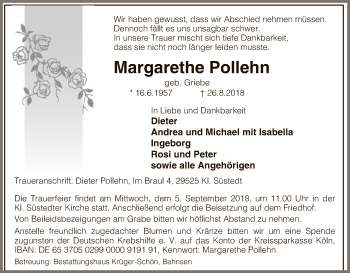 Traueranzeige von Margarethe Pollehn von Uelzen