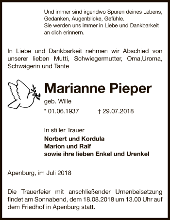 Traueranzeige von Marianne Pieper von Uelzen