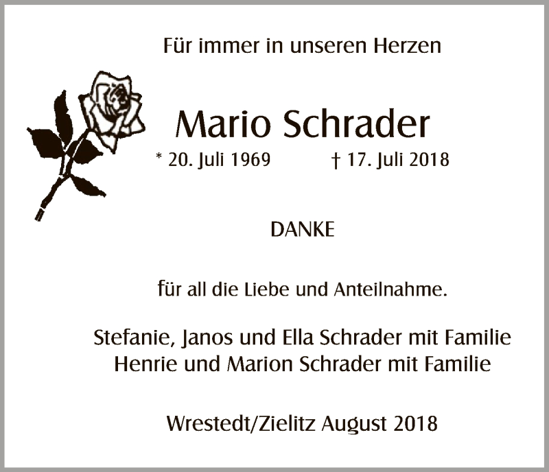  Traueranzeige für Mario Schrader vom 11.08.2018 aus Uelzen