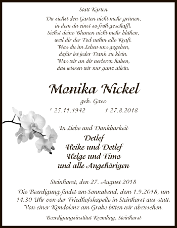 Traueranzeige von Monika Nickel von Uelzen