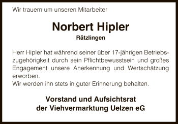 Traueranzeige von Norbert Hipler von Uelzen