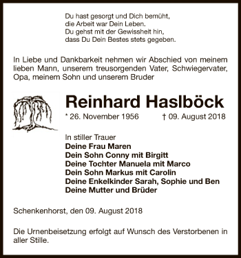 Traueranzeige von Reinhard Haslböck von Uelzen