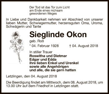 Traueranzeige von Sieglinde Okon von Uelzen