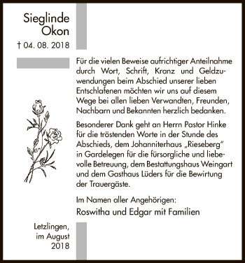 Traueranzeige von Sieglinde Okon von Uelzen