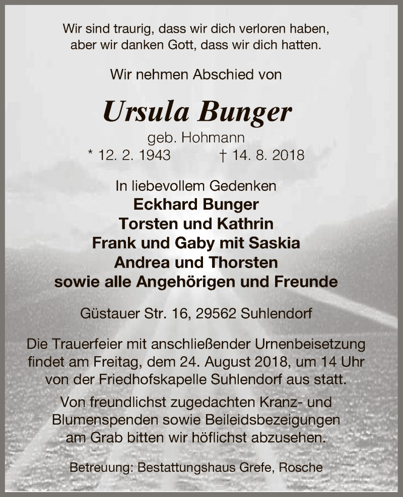  Traueranzeige für Ursula Bunger vom 20.08.2018 aus Uelzen