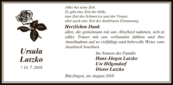 Traueranzeige von Ursula Latzko von Uelzen