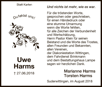 Traueranzeige von Uwe Harms von Uelzen