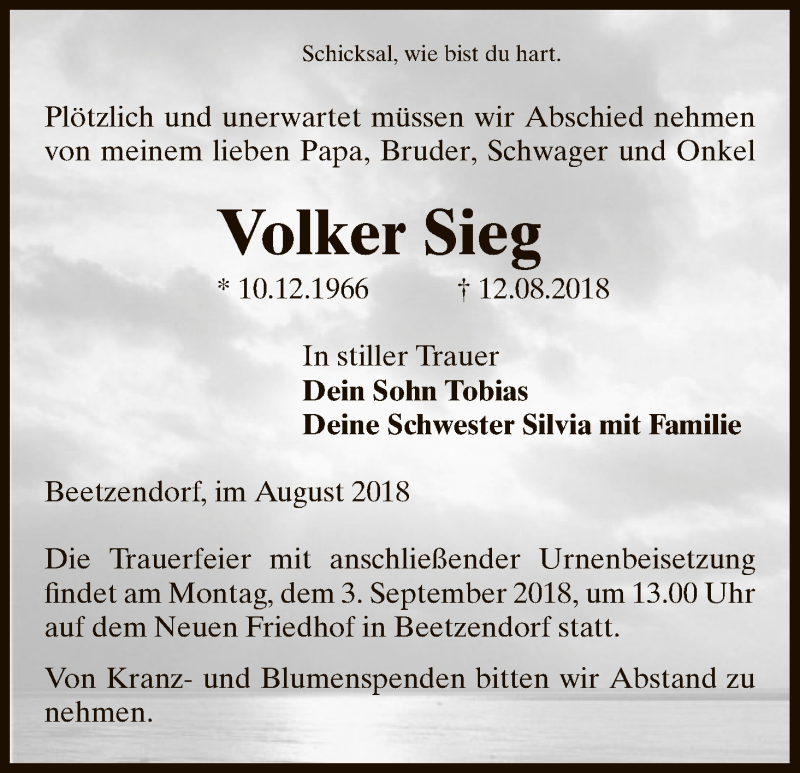  Traueranzeige für Volker Sieg vom 18.08.2018 aus Uelzen