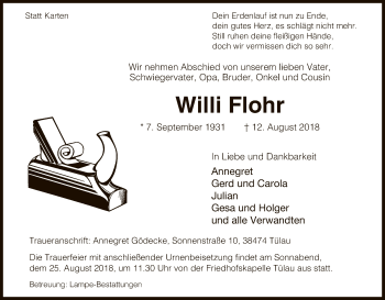 Traueranzeige von Willi Flohr von Uelzen