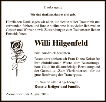 Traueranzeige von Willi Hilgenfeld von Uelzen