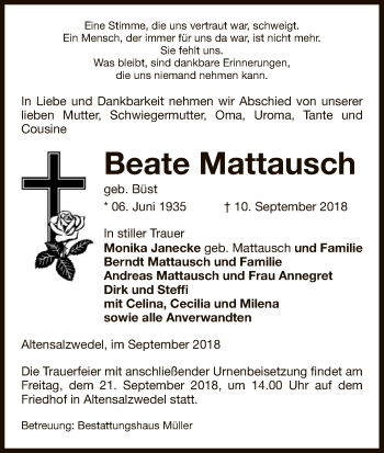 Traueranzeige von Beate Mattausch von Uelzen