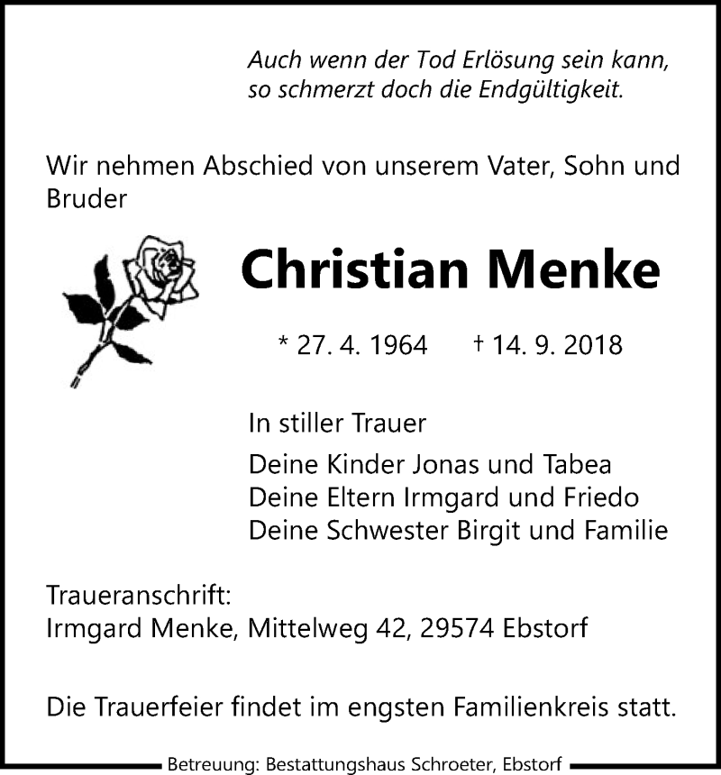  Traueranzeige für Christian Menke vom 19.09.2018 aus Uelzen