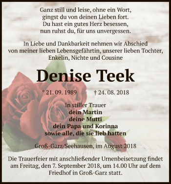 Traueranzeige von Denise Teek von Uelzen