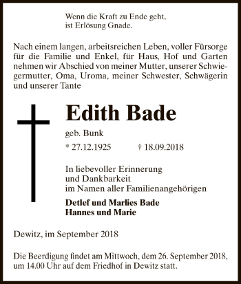 Traueranzeige von Edith Bade von Uelzen