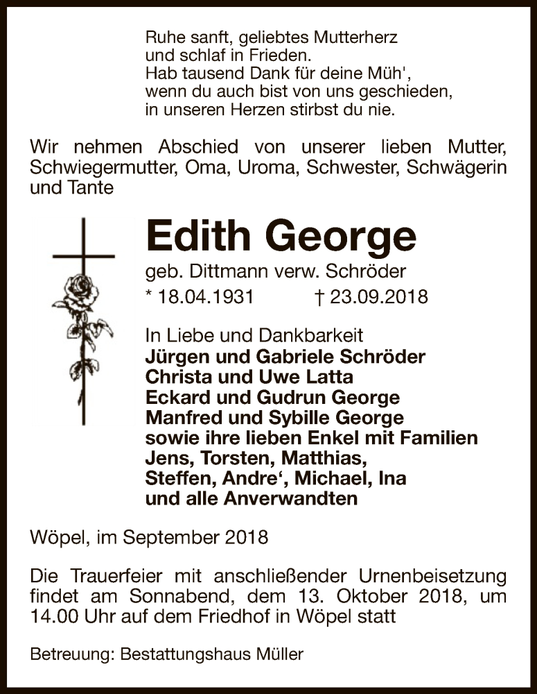  Traueranzeige für Edith George vom 25.09.2018 aus Uelzen